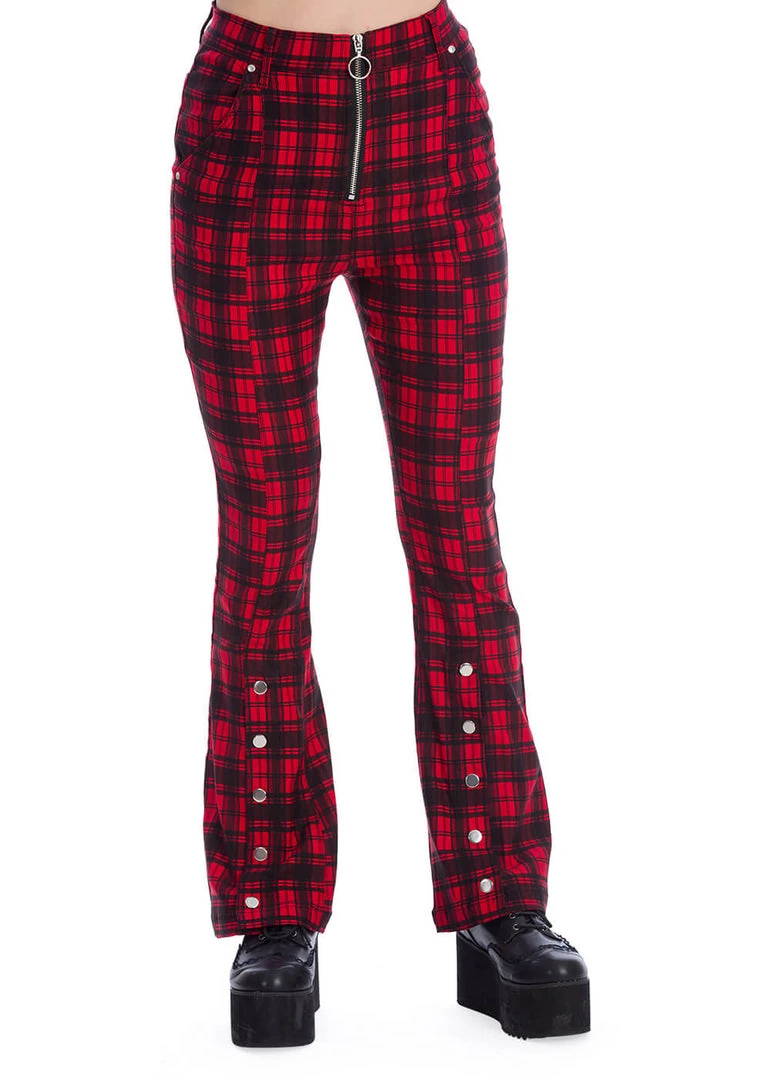 Banned Tartan Night Flare 70's Trousers Red New In