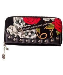 New In Banned Skull & Roses Rockabilly Wallet Black