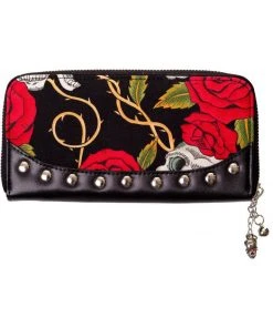 New In Banned Skull & Roses Rockabilly Wallet Black