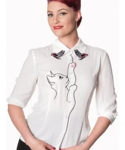 Banned Snow Bird Cat Blouse White New In