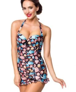 New In Belsira Molly Teacups 50's Bathingsuit Black Pink
