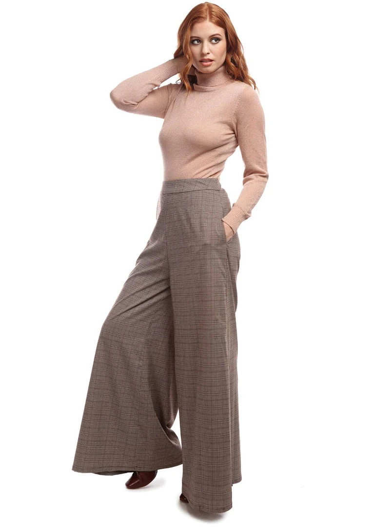Bright & Beautiful Evelynn Floxlease Check 70's Trousers Brown