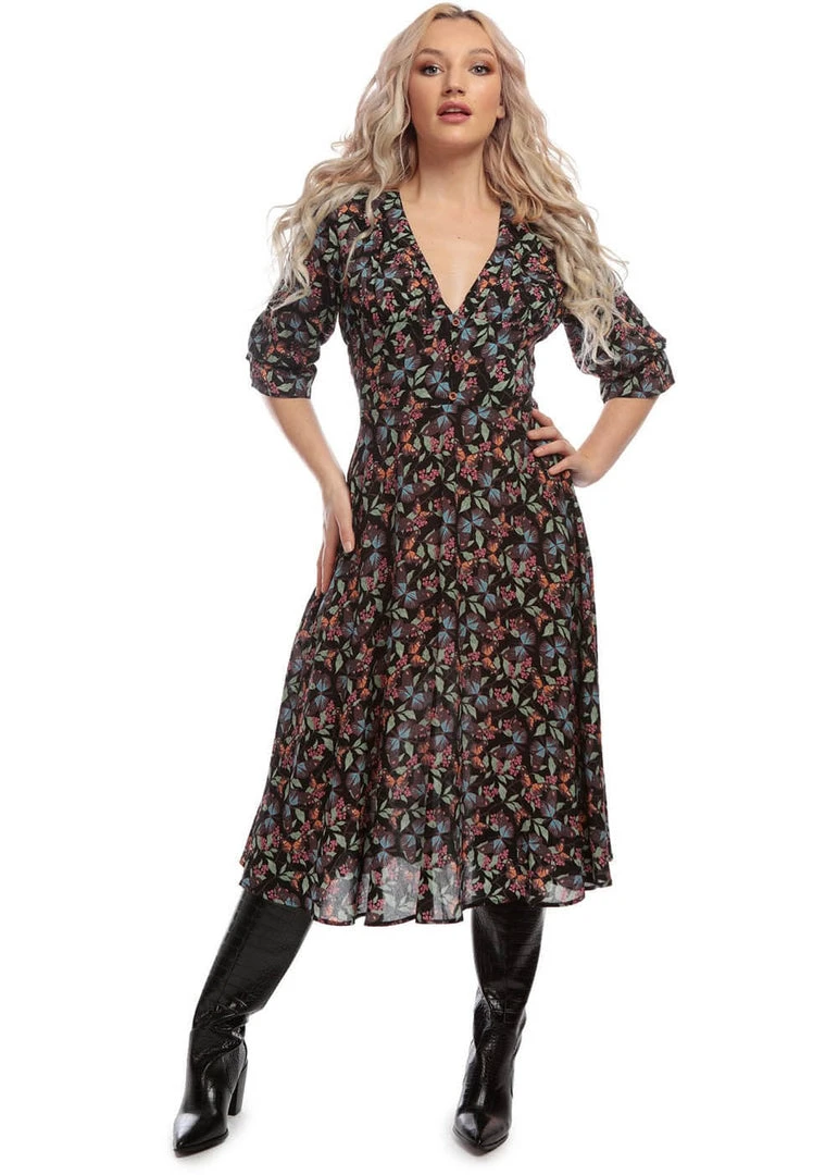 Bright & Beautiful Hayden Woodland Butterfly 70's Dress Black