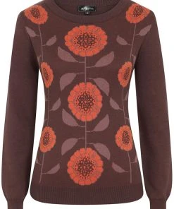 Bright & Beautiful Saffron Groovy Floral 70's Jumper Brown