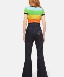 Bright & Beautiful Donna Rainbow Dreamer 70's Flared Jeans Denim Blue New In