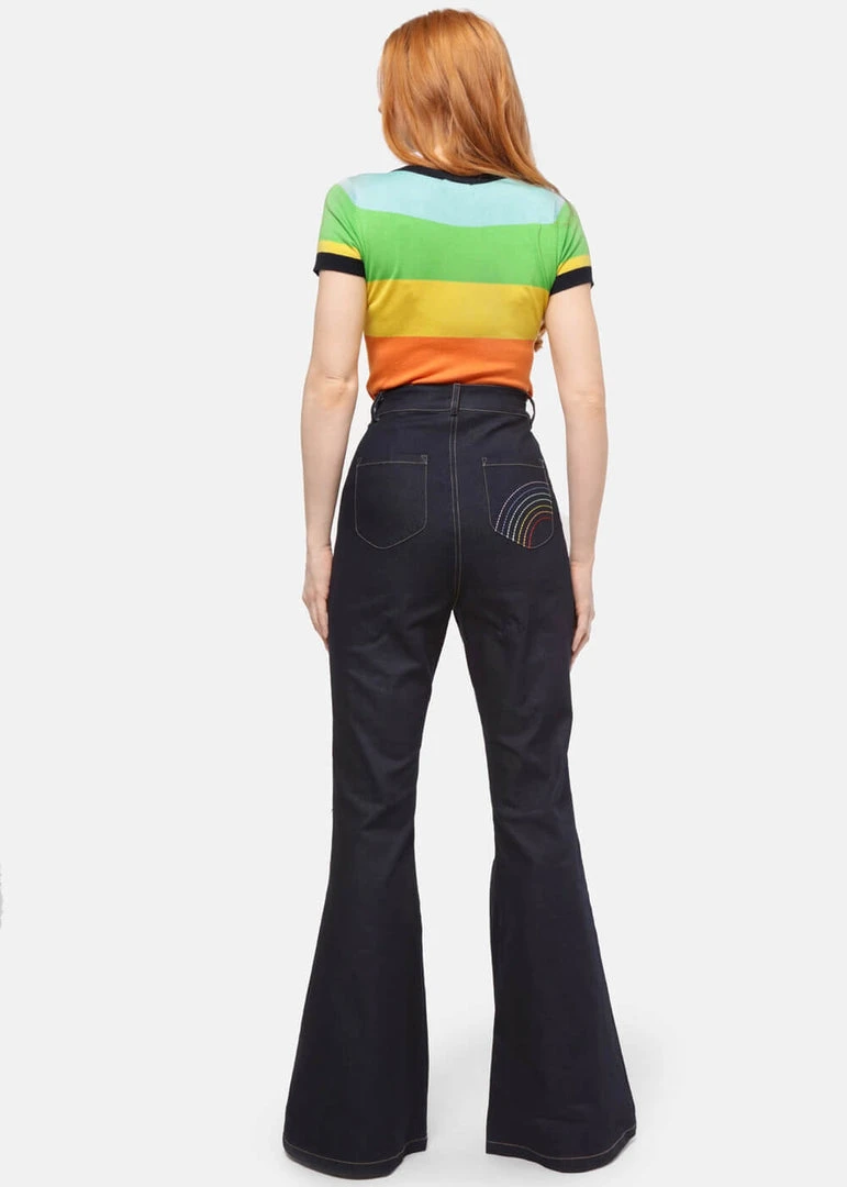 Bright & Beautiful Donna Rainbow Dreamer 70's Flared Jeans Denim Blue New In