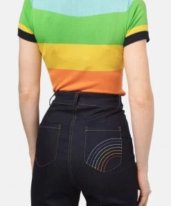 Bright & Beautiful Donna Rainbow Dreamer 70's Flared Jeans Denim Blue New In