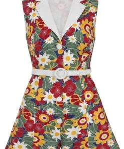 Bright & Beautiful Lucy Tropical Floral 60's Playsuit Red