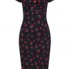 Collectif Dolores Cherry Love 50's Pencil Dress Black New In