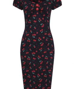 Collectif Dolores Cherry Love 50's Pencil Dress Black New In