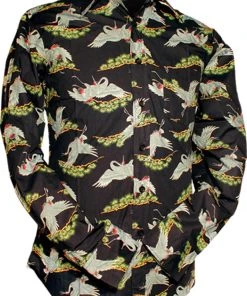 Chenaski Mens Crane Birds 70's Shirt Navy