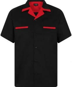Chet Rock Men Loud Rex 50's Bowling Shirt Black Red