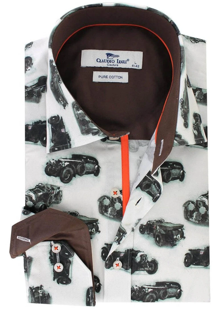 New In Claudio Lugli Mens Vintage Cars Shirt White