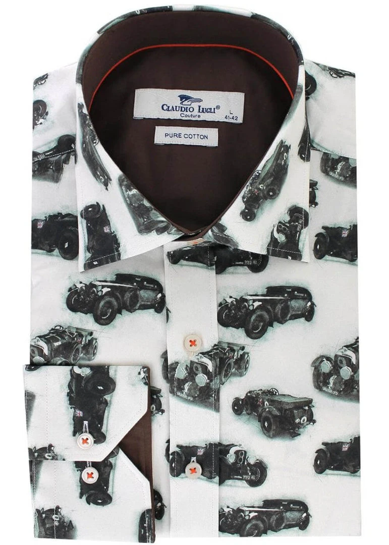 New In Claudio Lugli Mens Vintage Cars Shirt White