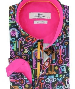 New In Claudio Lugli Mens Neon Music Lights Shirt Black