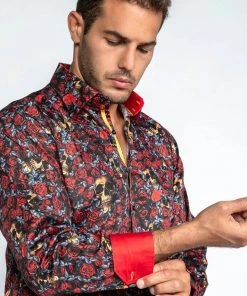 Claudio Lugli Mens Golden Skull Roses Shirt Black