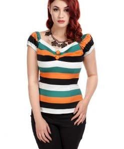 New In Collectif Dolores Pumkin Stripe 60's Top Multi Orange