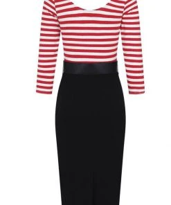 Collectif Manuela Striped 60's Pencil Dress Black Red