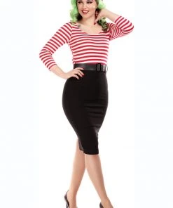 Collectif Manuela Striped 60's Pencil Dress Black Red