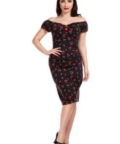 Collectif Dolores Cherry Love 50's Pencil Dress Black