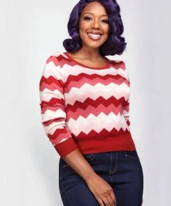 Collectif Machi Zig Zag Knitted 70's Top Red New In