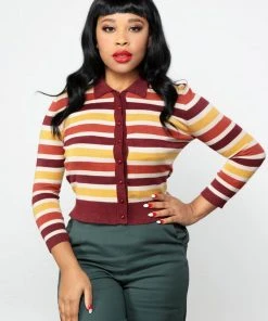 Collectif Enza Retro Striped 60's Cardigan Brown