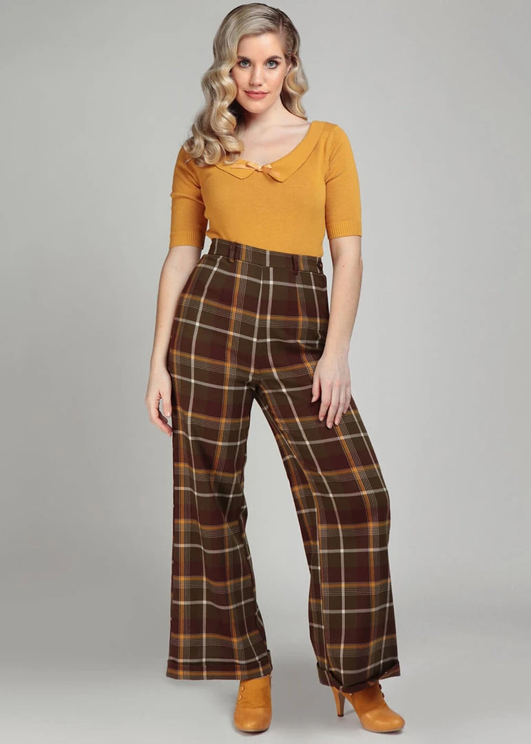 Collectif Baylee Mosshill Check 40's Trousers Brown New In