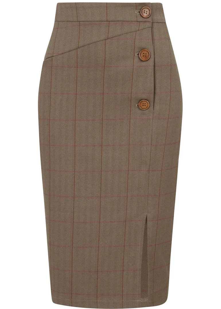Collectif Sloan Herringbone 40's Pencil Skirt Brown New In
