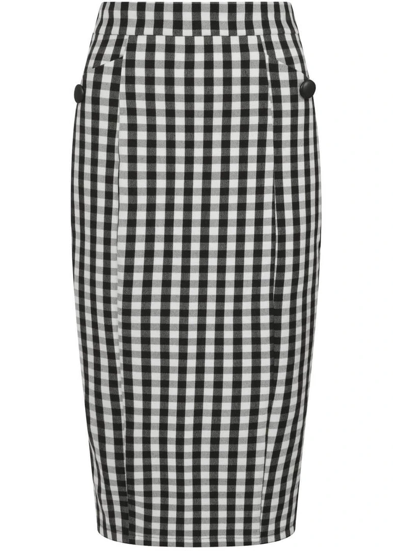 New In Collectif Lorrina Gingham 60's Pencil Skirt Black White