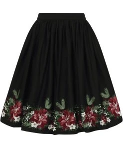 Collectif Jasmine Festive Floral 50's Swing Skirt Black New In