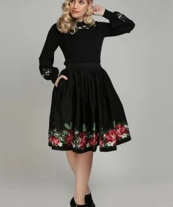 Collectif Jasmine Festive Floral 50's Swing Skirt Black New In