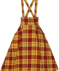 New In Collectif Alexa Autumn Leaves Check 50's Swing Skirt Orange