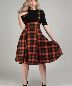 Collectif Alexa Pumpkin Check 40's Swing Skirt Black Orange