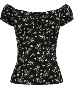 Collectif Dolores Berry Floral 50's Top Black New In
