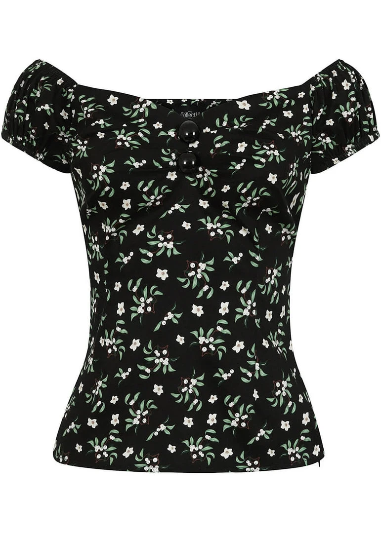 Collectif Dolores Berry Floral 50's Top Black New In
