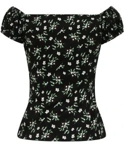 Collectif Dolores Berry Floral 50's Top Black New In