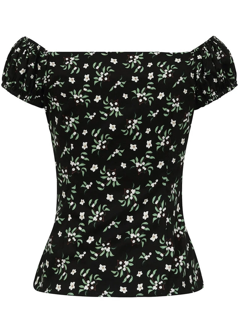 Collectif Dolores Berry Floral 50's Top Black New In