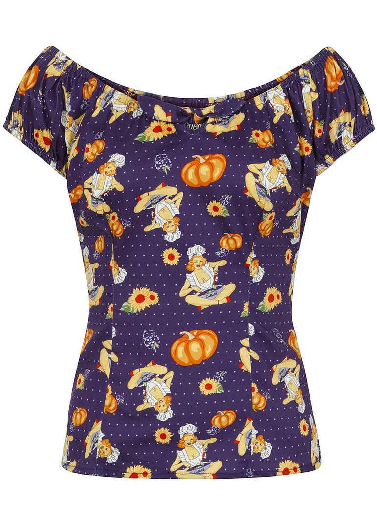 New In Collectif Lorena Pumpkin Pinup 50's Top Multicolour