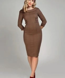 Collectif Cheyenne Herringbone 40's Pencil Dress Brown