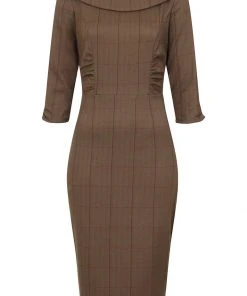 Collectif Cheyenne Herringbone 40's Pencil Dress Brown