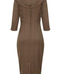 Collectif Cheyenne Herringbone 40's Pencil Dress Brown