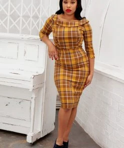 New In Collectif Cheyenne Moonhill Check 50's Pencil Dress Mustard