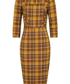 New In Collectif Cheyenne Moonhill Check 50's Pencil Dress Mustard