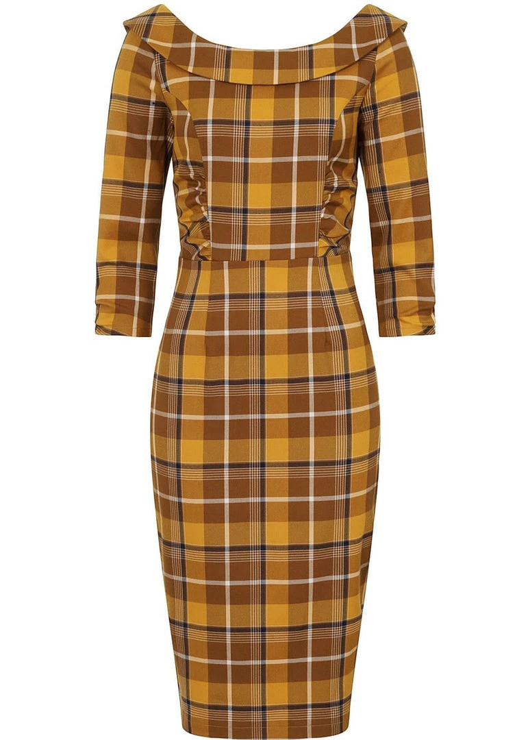 New In Collectif Cheyenne Moonhill Check 50's Pencil Dress Mustard