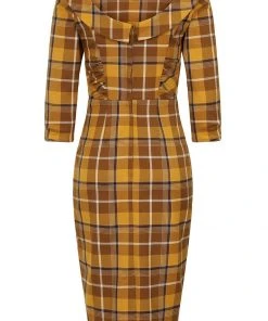 New In Collectif Cheyenne Moonhill Check 50's Pencil Dress Mustard