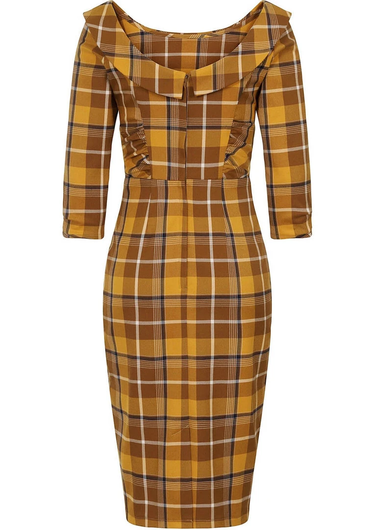 New In Collectif Cheyenne Moonhill Check 50's Pencil Dress Mustard
