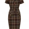 Collectif Caterina Mosshill Check 40's Pencil Dress Brown