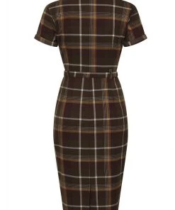 Collectif Caterina Mosshill Check 40's Pencil Dress Brown