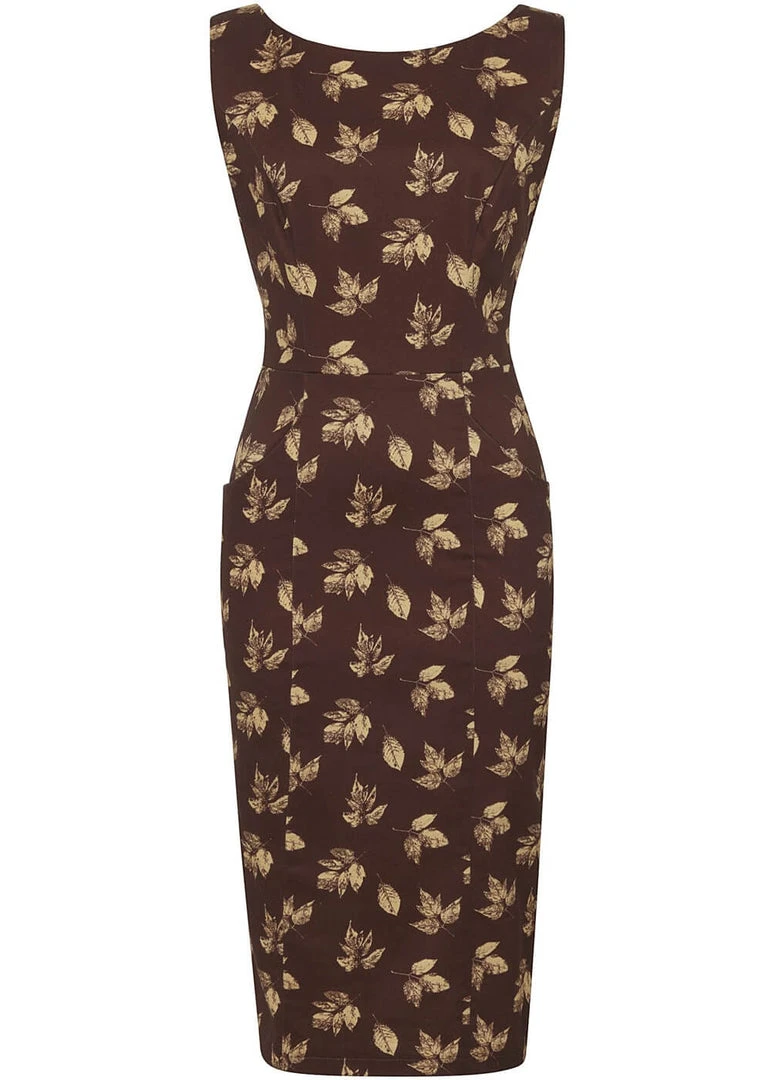 Collectif Hepburn Fall Leaves 50's Pencil Dress Brown New In