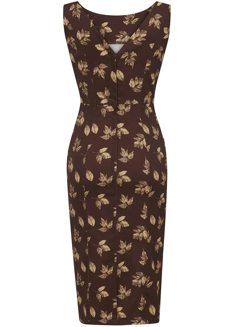 Collectif Hepburn Fall Leaves 50's Pencil Dress Brown New In